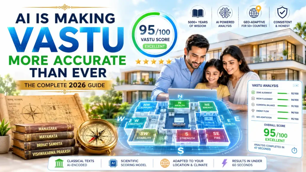 AI-powered Vastu analysis dashboard showing a modern family using a digital Vastu scoring system with a 95/100 score, futuristic house layout zoning, and classical Vastu texts in the background.