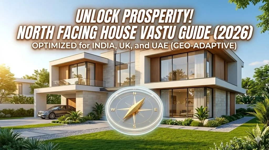Modern north facing house exterior with a glowing golden 3D Vastu compass marker pointing North during a bright sunny morning.