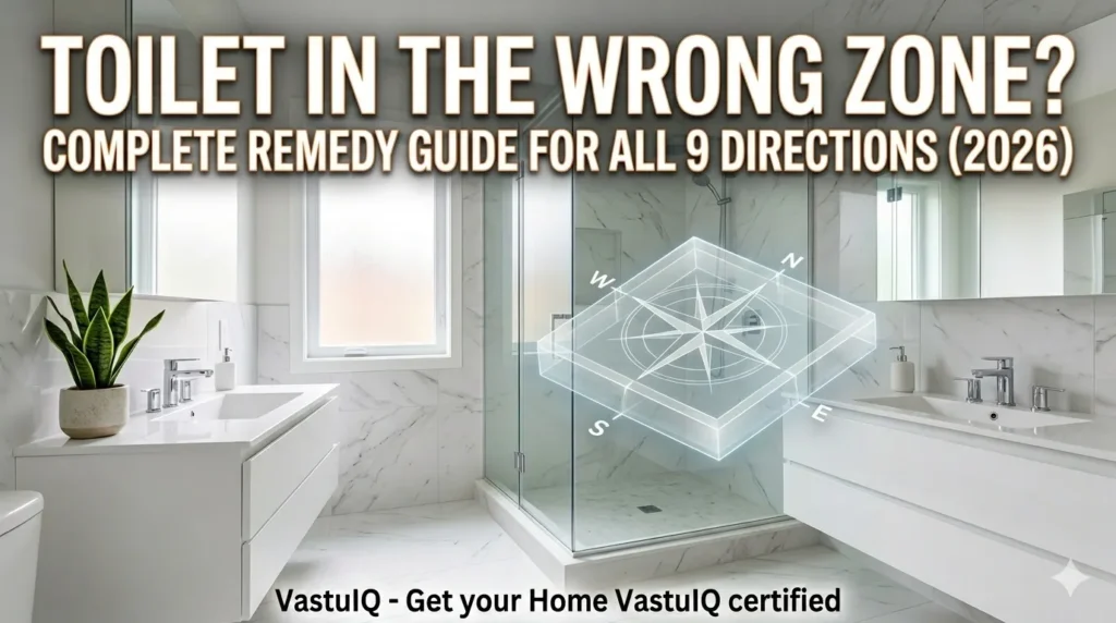 A clean and bright modern Toilet with white marble tile and a subtle glowing architectural compass grid overlay.
