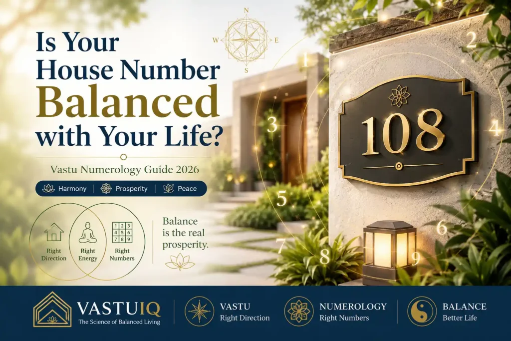 Luxury house entrance with glowing house number plate, Vastu numerology symbols, and VastuIQ branding representing house number compatibility and lucky home numerology guide 2026.