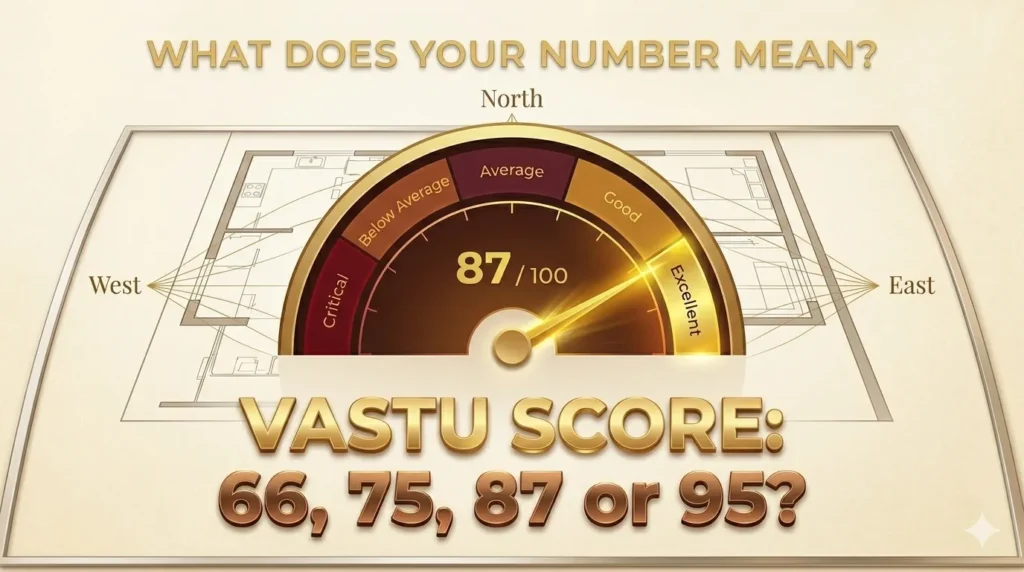 VastuIQ 0 to 100 Vastu score compliance gauge graphic showing an excellent rating of 87 over a house floor plan.