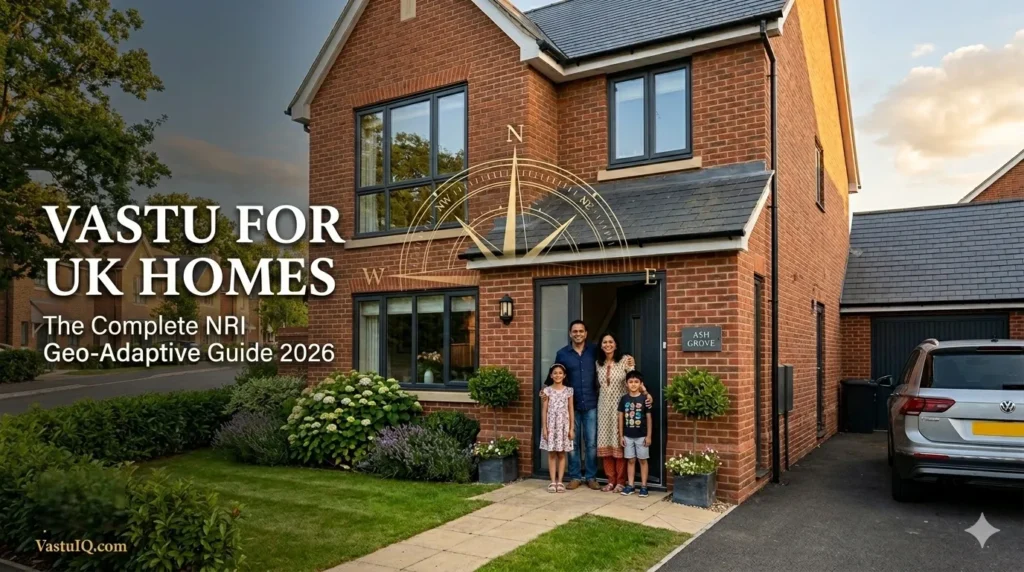 A photorealistic image of an Indian family standing at the door of a modern British semi-detached brick home in warm afternoon light, featuring a golden Vastu compass overlay and text reading "VASTU FOR UK HOMES: The Complete NRI Geo-Adaptive Guide 2026."