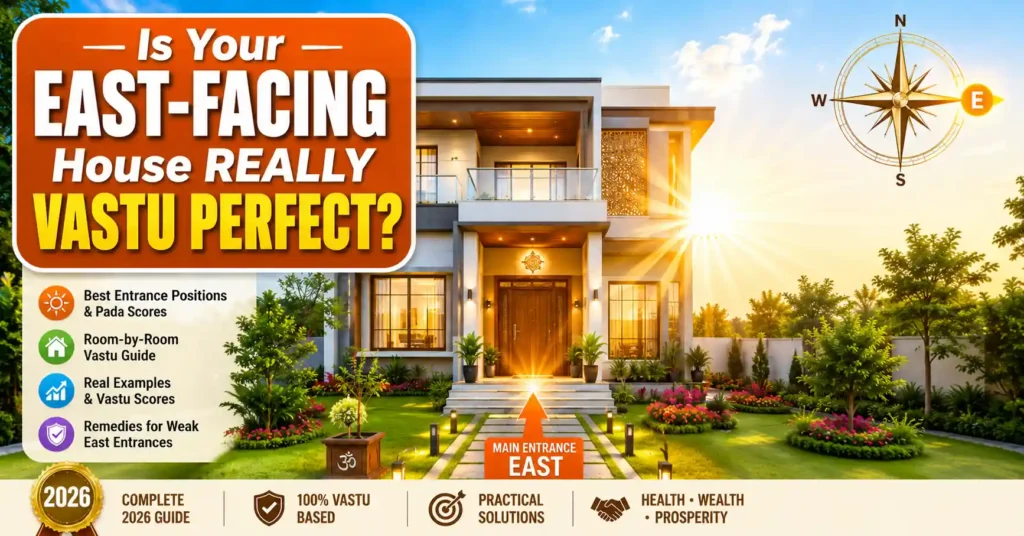 East Facing House Vastu guide showing a modern east-facing home with morning sunlight, Vastu entrance direction, and 2026 planning tips.