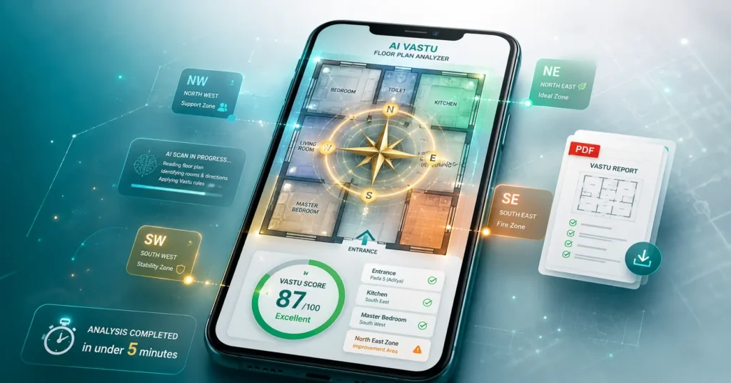 Free AI Vastu Calculator analyzing a home floor plan with AI, compass direction, Vastu score gauge, and room-by-room Vastu analysis.