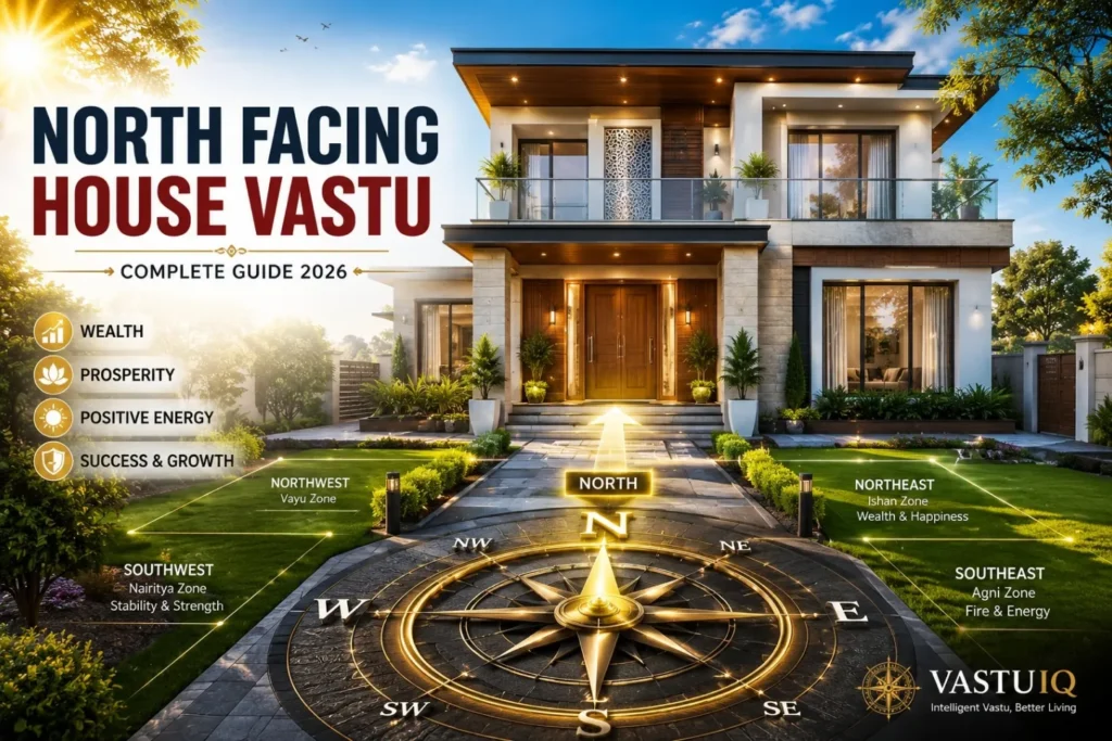 North facing house with glowing north entrance and Vastu compass representing wealth, prosperity, and positive energy.