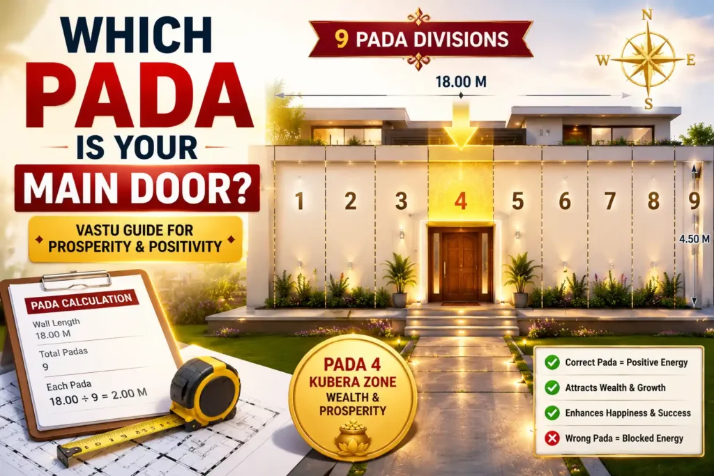 How to find main door pada position in Vastu Shastra using nine equal wall divisions.