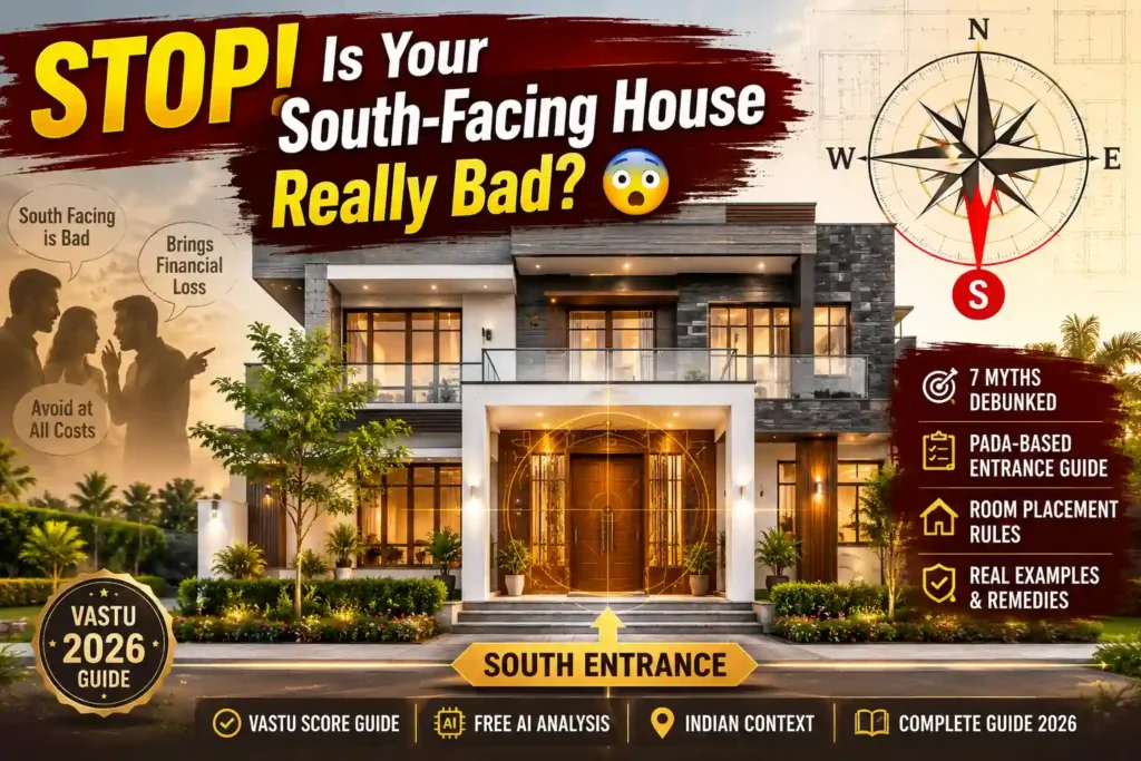 Modern south facing house with Vastu compass overlay and myth-busting headline explaining whether a south-facing home is good or bad according to Vastu Shastra in 2026.