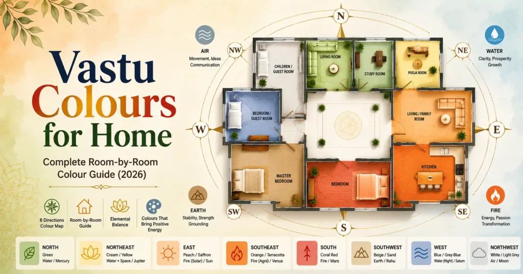Vastu Colours for Home room-by-room guide showing the correct Vastu colours for every direction including North, Northeast, Southeast, Southwest, kitchen, bedroom, living room and pooja room with an eight-direction compass.