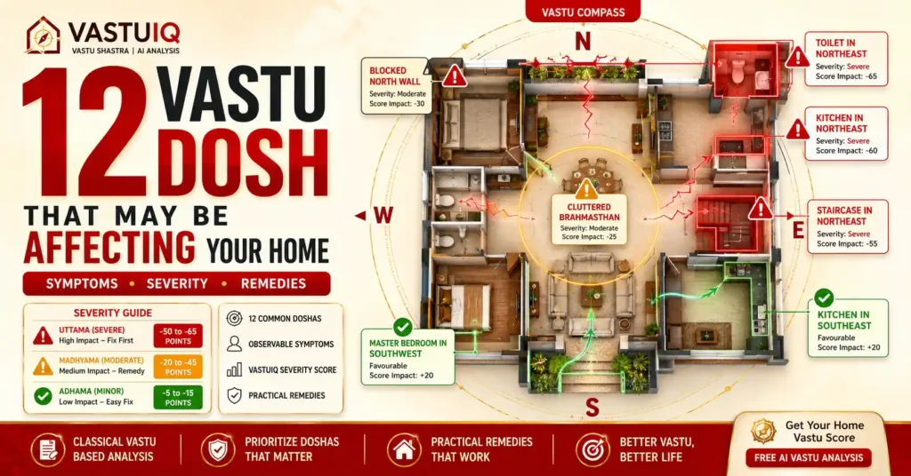 12 common Vastu Dosh defects in a house showing symptoms severity and remedies with highlighted Vastu zones