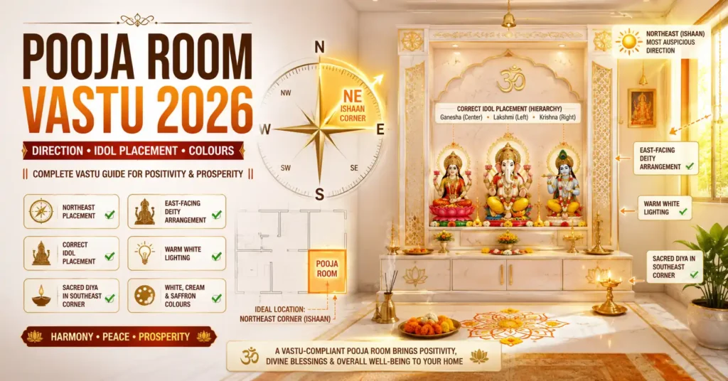 Vastu for pooja room showing northeast direction, idol placement rules, pooja room colours, lighting and Vastu-compliant mandir setup in a modern Indian home.