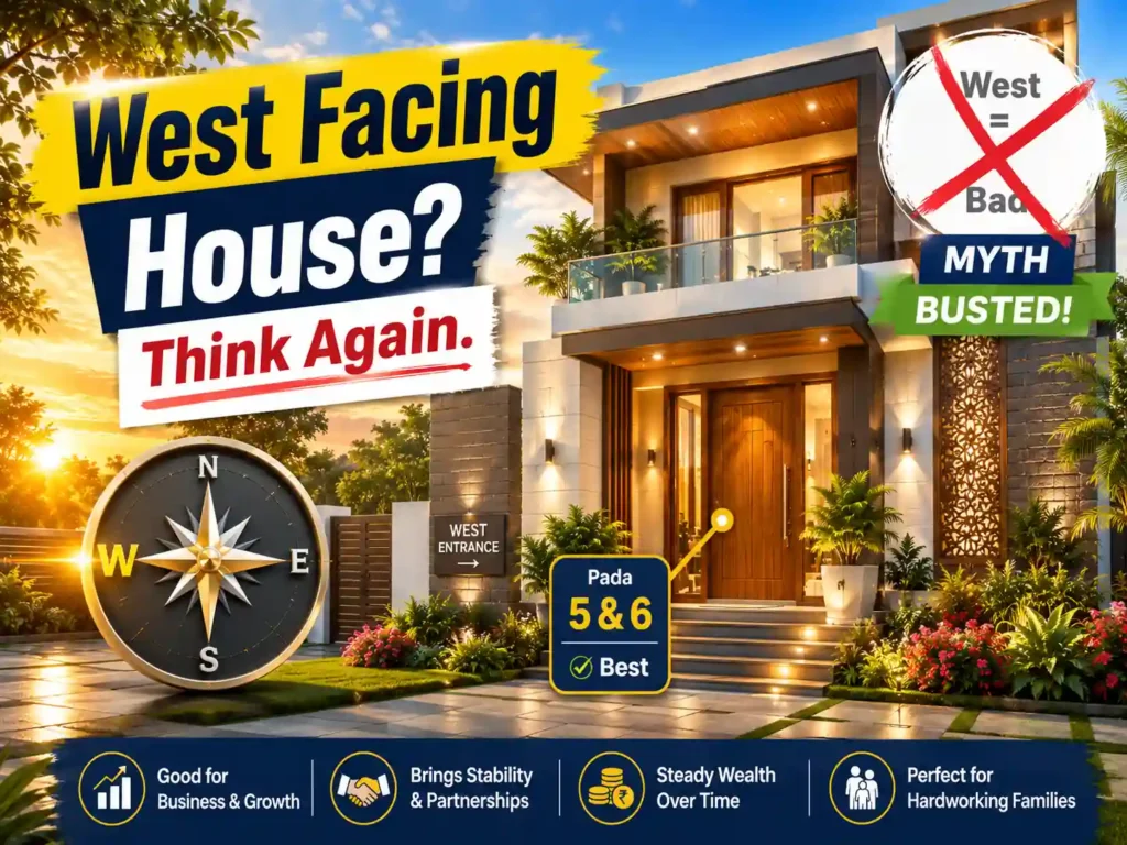 Modern west facing house with Vastu compass showing why a west facing house is not bad and highlighting the best entrance positions for prosperity.
