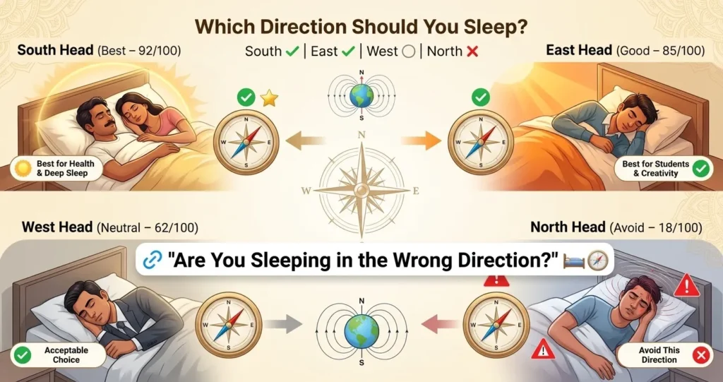 An infographic detailing the best sleeping direction as per Vastu Shastra, showcasing four bedroom sections with an Indian couple, student, businessman, and a restless individual, illustrating the pros and cons of sleeping towards South, East, West, and North.