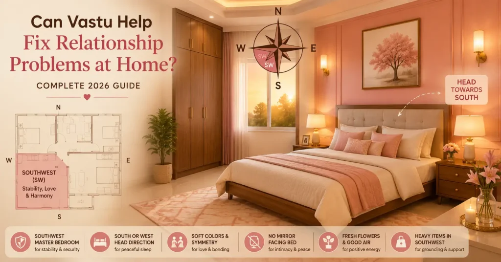 Vastu for relationship problems showing a southwest master bedroom with correct bed placement, warm pink and cream colours, compass overlay and relationship harmony design