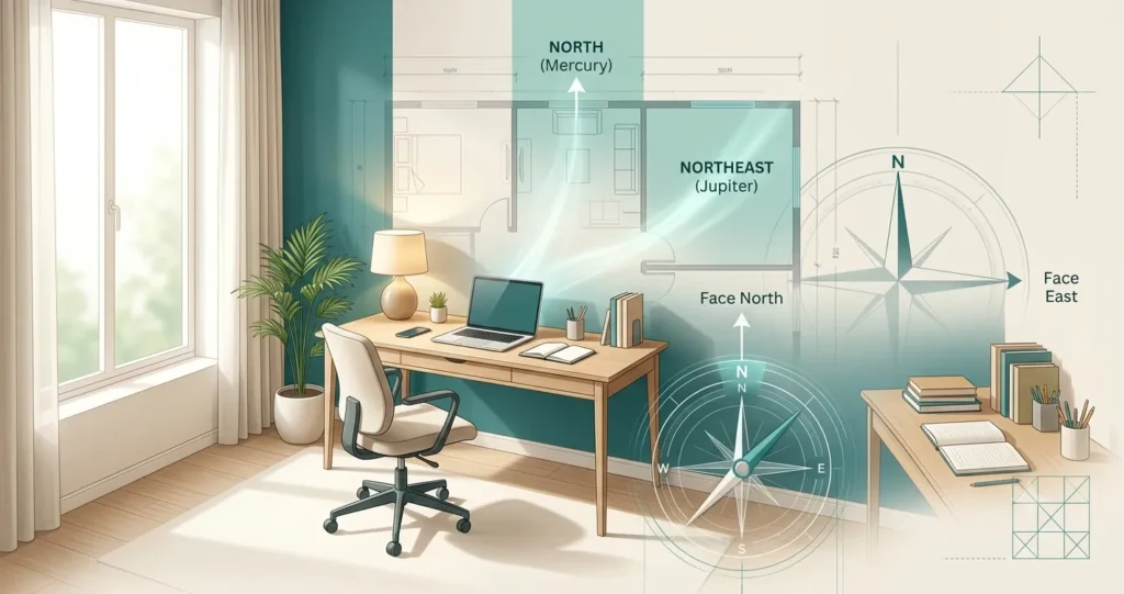 Modern home office designed according to Vastu with north-facing desk, study room in the north and northeast zone, compass overlay showing correct desk placement for better focus and productivity.