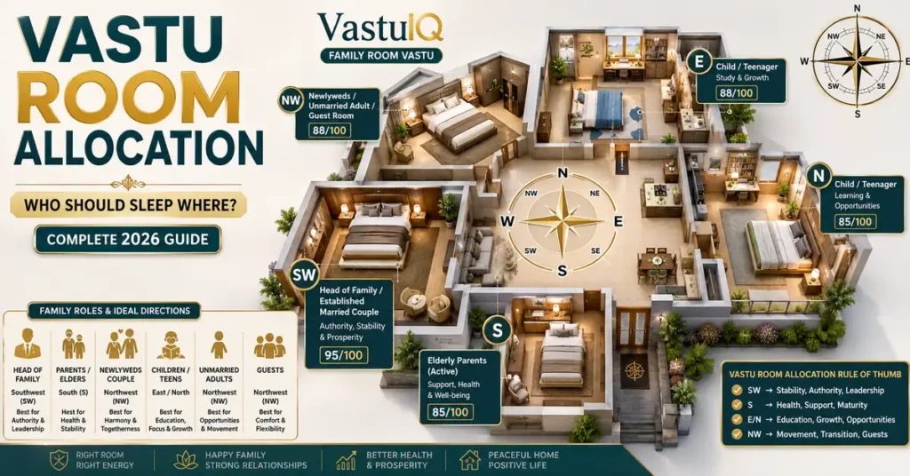 Vastu room allocation for family members showing the best bedroom directions for parents, children, newlyweds, unmarried adults and guests