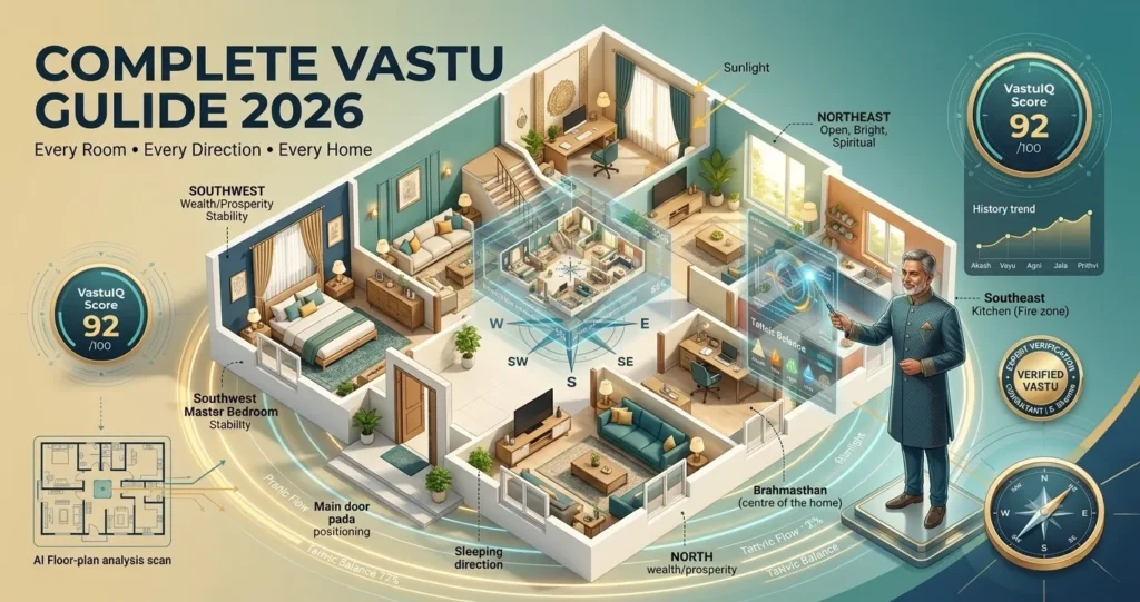 3D isometric floor plan showing ideal room directions and Vastu tips for home with AI VastuIQ assessment.