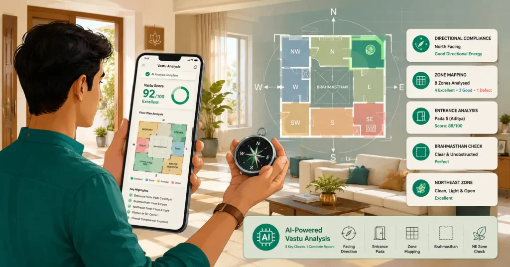Indian homeowner checking Vastu without hiring a consultant using an AI floor plan analyzer and compass inside a modern home.