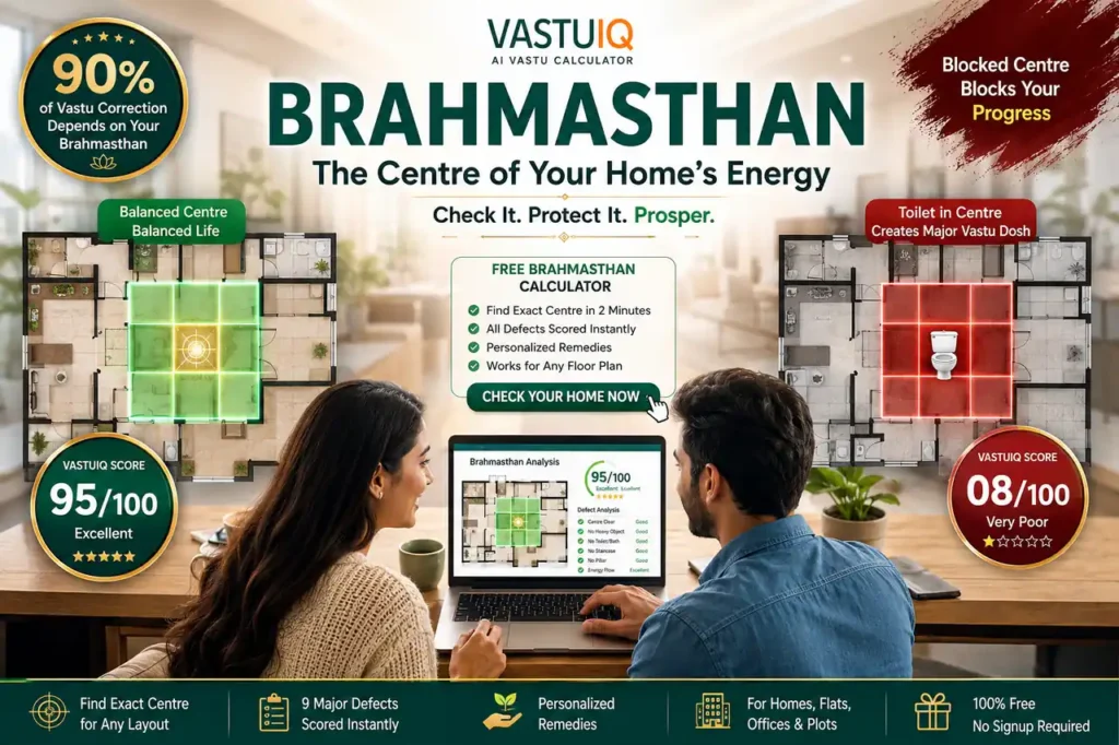 Brahmasthan Vastu guide showing a home's centre with a 3x3 Vastu grid, clear Brahmasthan and blocked Brahmasthan defects