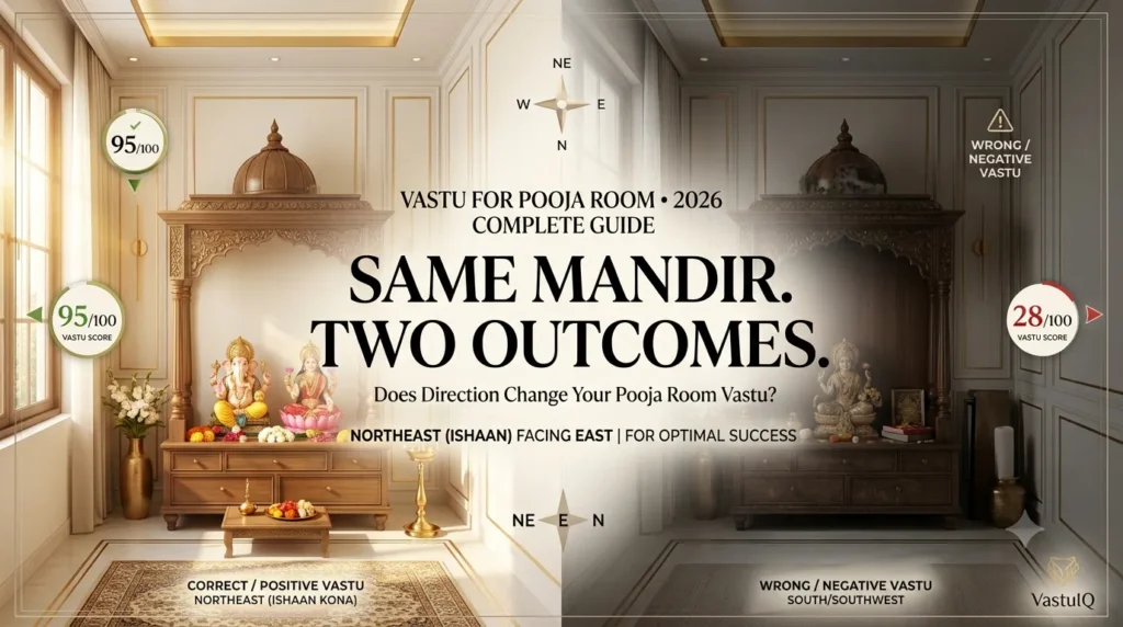 Split-screen visual comparison of a modern Indian pooja room layout showing correct Northeast Vastu direction versus incorrect South direction layout.