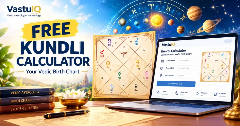 Free Kundli calculator for generating a free Vedic birth chart with Lagna, Moon sign, Nakshatra and 9 planets