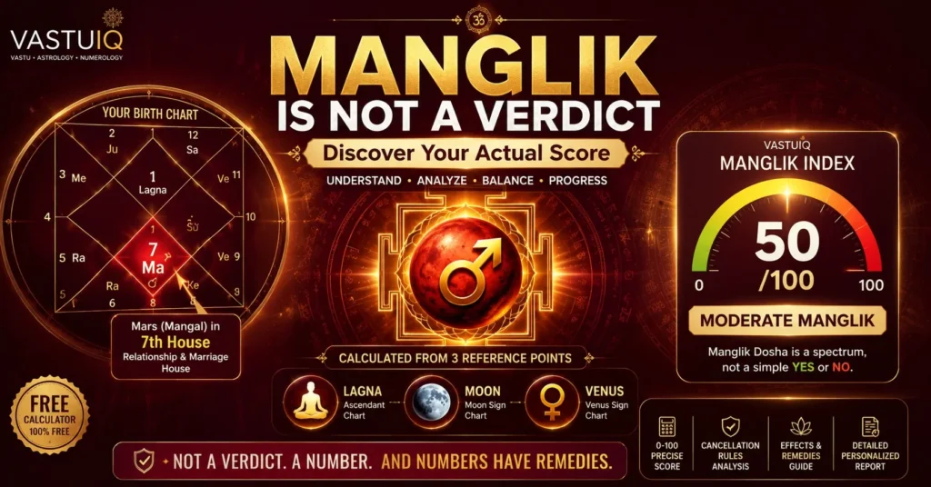 Manglik Dosha calculator showing a 0 to 100 Manglik Index and Mars in the 7th house