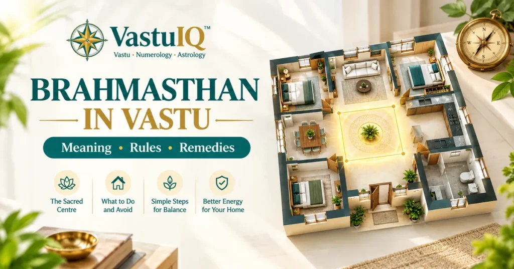 Brahmasthan in Vastu showing the central zone of a home highlighted on a floor plan